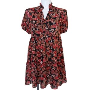 1. STATE Sheer Floral Fuchsia Pink & Black Ruffle Babydoll Spring Summer Dress